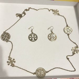 Tory Burch long gold necklace and earrings set